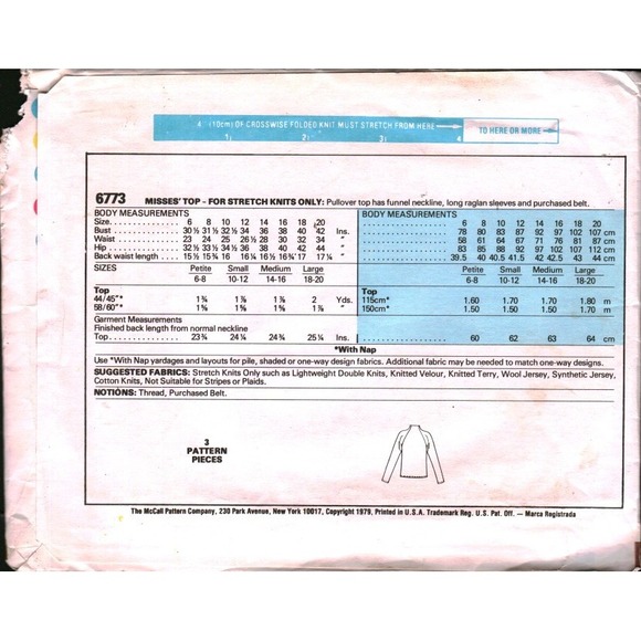 McCall's 6773 Vintage 1979 Sewing Pattern Misses Funnel Neck Raglan Top CUT Sm - Picture 2 of 2